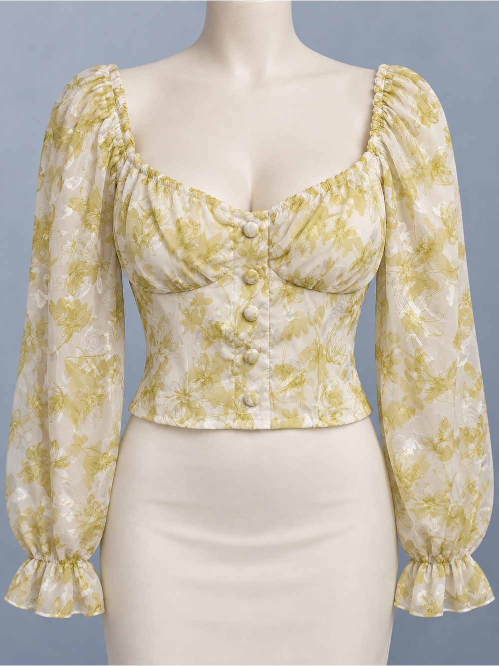 SHEIN White and Yellow Floral Puff-Sleeve Cropped Blouse